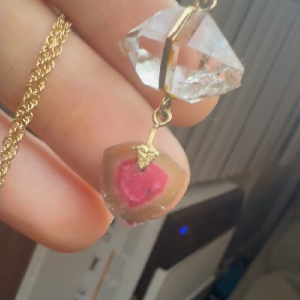 Rare solid 14k gold genuine watermelon tourmaline/herkimer diamond necklace$1890 - Picture 6 of 14